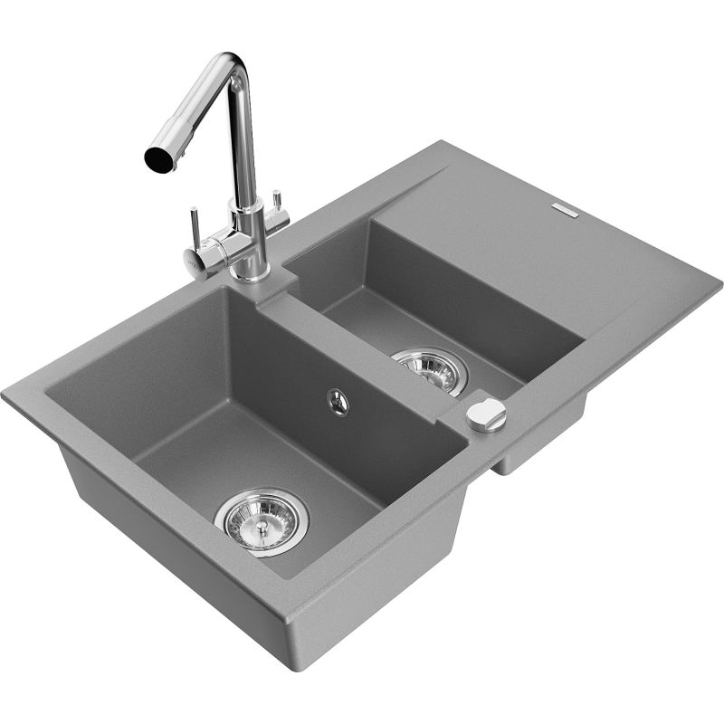 Mexen Gaspar fregadero de granito 1,5-cubetas con escurridor y grifo de cocina Duero, gris - 6507-71-671600-00