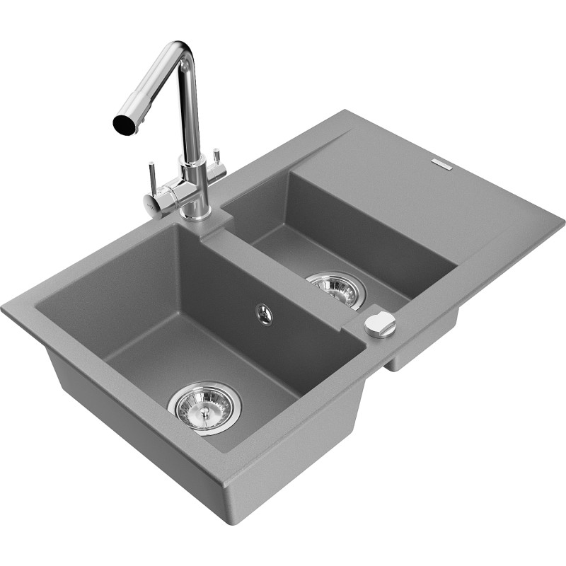 Mexen Gaspar granitische spoelbak 1,5-kamer met afdruiprek en keukenmengkraan Duero, grijs - 6507-71-671600-00