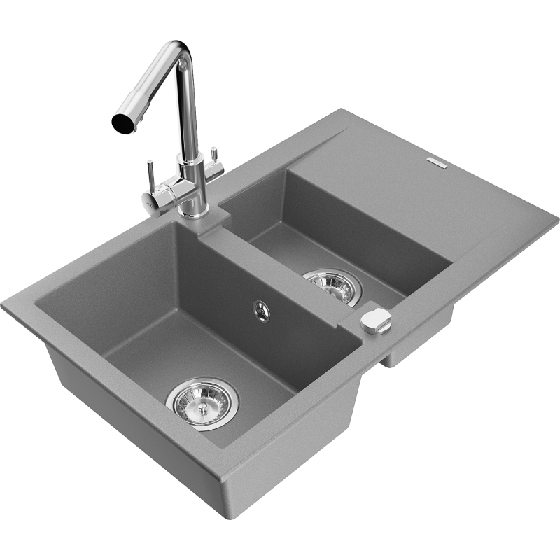 Mexen Gaspar lava-louça de granito 1,5-bacia com escorredor e torneira de cozinha Duero, cinza - 6507-71-671600-00