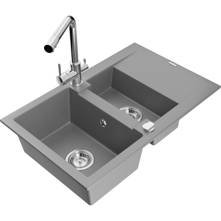 Mexen Gaspar fregadero de granito 1,5-cubetas con escurridor y grifo de cocina Duero, gris - 6507-71-671600-00