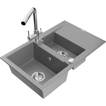 Mexen Gaspar grey granite sink 1.5-bowl with drainer and Duero kitchen tap, - 6507-71-671600-00