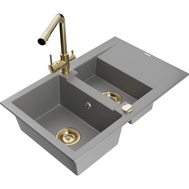 Mexen Gaspar fregadero de granito de 1,5 senos con escurridor y grifo de cocina Duero, gris - 6507-71-671600-50