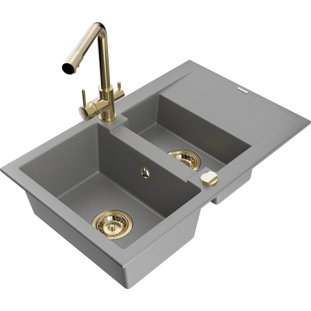 Mexen Gaspar granitais izlietne ar 1,5 nodalījumiem, notekpaplāti un virtuves jaucējkrānu Duero, pelēka - 6507-71-671600-50