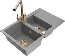 Mexen Gaspar granite sink 1.5-bowl with drainer and Duero kitchen faucet, gray - 6507-71-671600-50