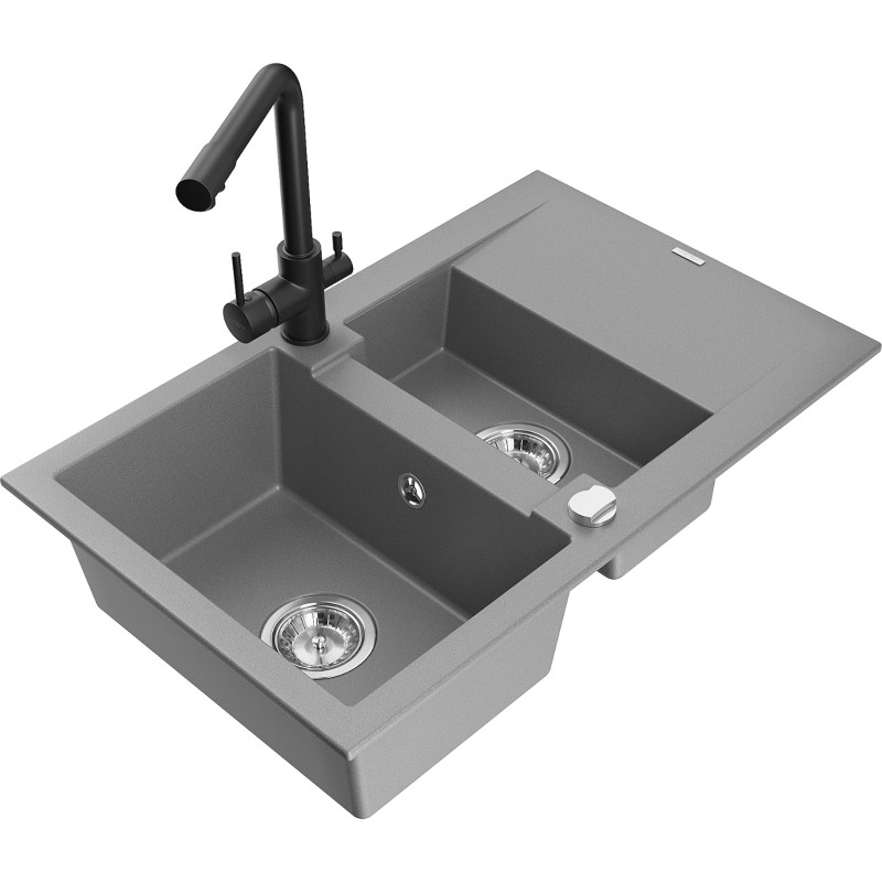 Mexen Gaspar évier en granit 1,5 cuve avec égouttoir et robinet de cuisine Duero, gris - 6507-71-671600-70