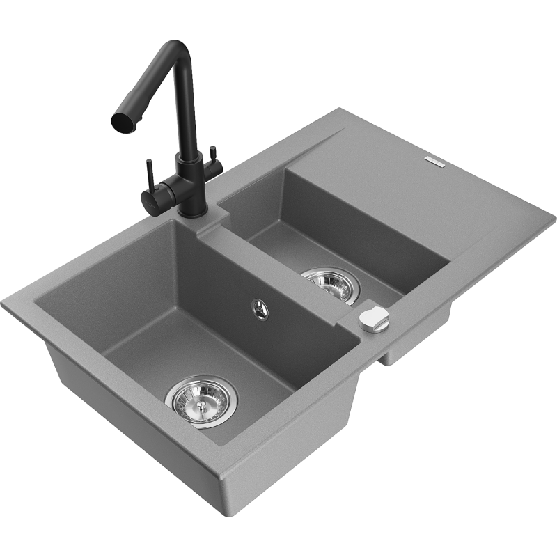 Mexen Gaspar granitdiskbänk 1,5-kammare med avrinningsyta och köksblandare Duero, grå - 6507-71-671600-70