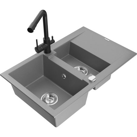Mexen Gaspar granite sink 1.5-bowl with drainer and Duero kitchen tap, grey - 6507-71-671600-70
