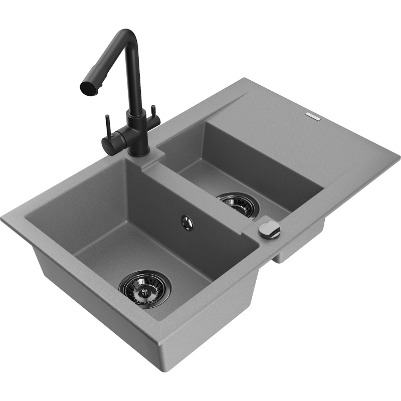 Mexen Gaspar fregadero de granito de 1,5 senos con escurridor y grifo de cocina Duero, gris - 6507-71-671600-70-B