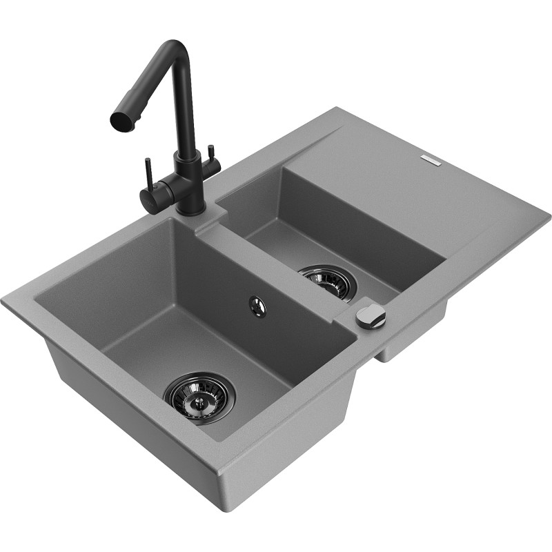 Mexen Gaspar granitische gootsteen 1,5-kamer met afdruiprek en keukenmengkraan Duero, grijs - 6507-71-671600-70-B