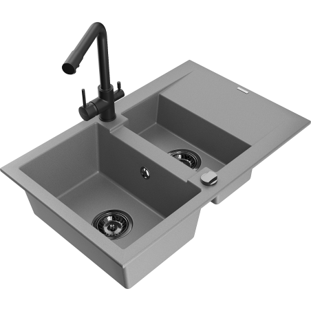 Mexen Gaspar évier en granit 1,5 bac avec égouttoir et robinet de cuisine Duero, gris - 6507-71-671600-70-B