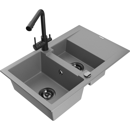 Mexen Gaspar fregadero de granito de 1,5 senos con escurridor y grifo de cocina Duero, gris - 6507-71-671600-70-B