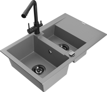 Mexen Gaspar fregadero de granito de 1,5 senos con escurridor y grifo de cocina Duero, gris - 6507-71-671600-70-B