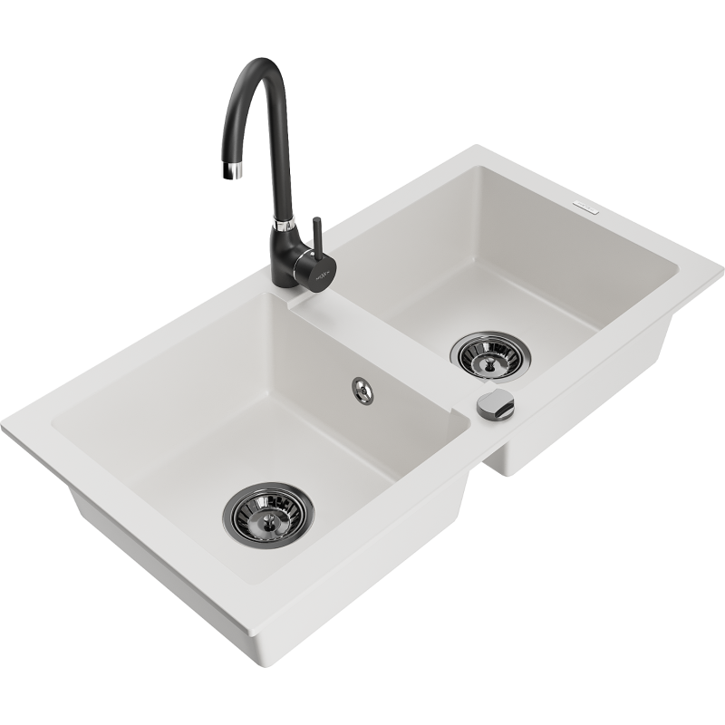 Mexen Mario granitdiskbänk 2-fack med köksblandare Telma, vit - 6504-20-670200-70