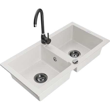 Mexen Mario granit gootsteen 2-kamers met keukenkraan Telma, wit - 6504-20-670200-70