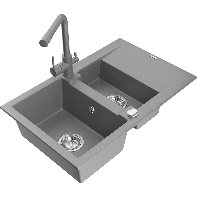 Mexen Gaspar fregadero de granito 1,5 senos con escurridor y grifo de cocina Duero, gris - 6507-71-671600-71