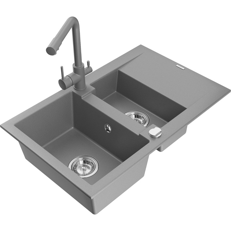 Mexen Gaspar fregadero de granito de 1,5 senos con escurridor y grifo de cocina Duero, gris - 6507-71-671600-71