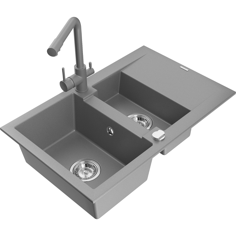 Mexen Gaspar granite sink 1.5-bowl with drainer and Duero kitchen tap, grey - 6507-71-671600-71