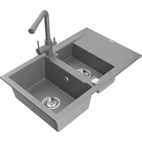 Mexen Gaspar évier en granit 1,5 bac avec égouttoir et robinet de cuisine Duero, gris - 6507-71-671600-71