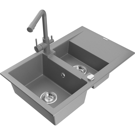 Mexen Gaspar granite sink 1.5-bowl with drainer and Duero kitchen tap, grey - 6507-71-671600-71