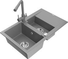 Mexen Gaspar granite sink 1.5-bowl with drainer and Duero kitchen tap, grey - 6507-71-671600-71