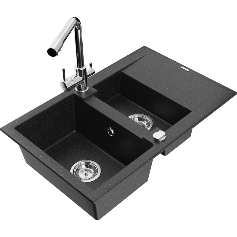 Mexen Gaspar évier en granit 1,5 bac avec égouttoir et robinet de cuisine Duero, noir/argent - 6507-73-671600-00