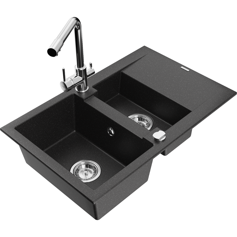 Mexen Gaspar fregadero de granito de 1,5 senos con escurridor y grifo de cocina Duero, negro/plata - 6507-73-671600-00