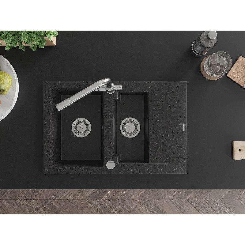 Mexen Gaspar Granitspüle 1,5-Becken mit Abtropffläche und Küchenarmatur Duero, schwarz/silber - 6507-73-671600-00