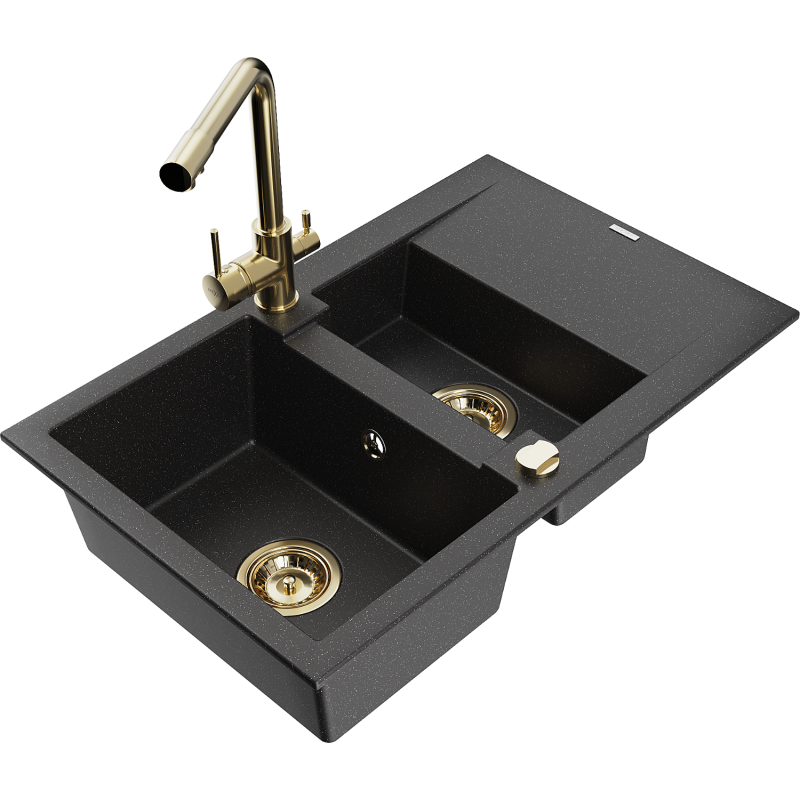 Mexen Gaspar fregadero de granito 1,5 cubetas con escurridor y grifo de cocina Duero, negro/plata - 6507-73-671600-50