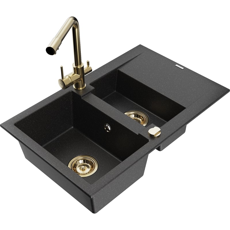 Mexen Gaspar fregadero de granito de 1,5 senos con escurridor y grifo de cocina Duero, negro/plateado - 6507-73-671600-50
