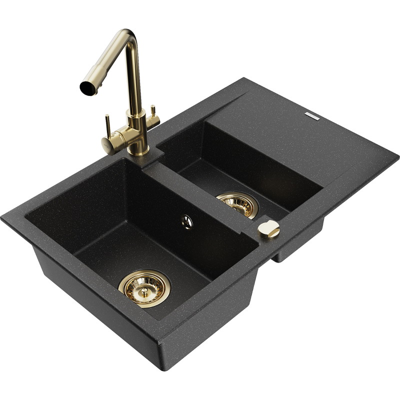 Mexen Gaspar Granitspüle 1,5-Becken mit Abtropffläche und Küchenarmatur Duero, schwarz/silber - 6507-73-671600-50