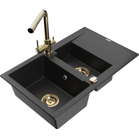 Mexen Gaspar évier en granit 1,5 bac avec égouttoir et robinet de cuisine Duero, noir/argent - 6507-73-671600-50