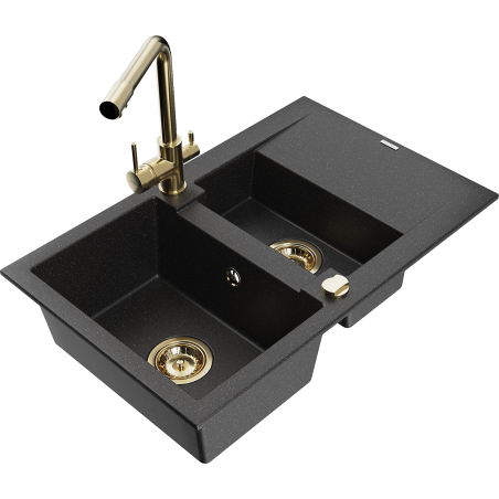 Mexen Gaspar Fregadero de granito de 1,5 senos con escurridor y grifo de cocina Duero, negro/plata - 6507-73-671600-50