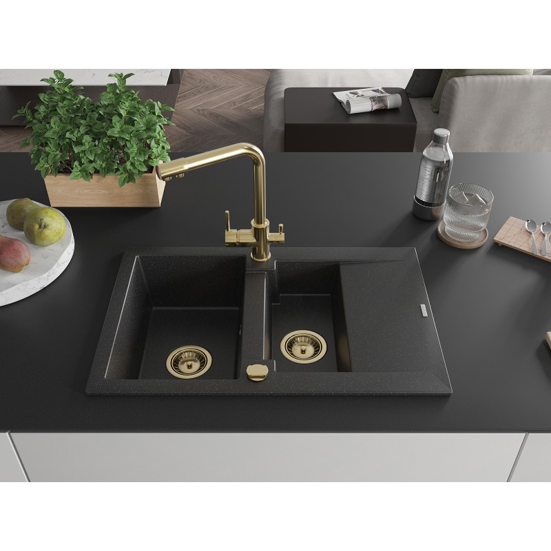 Mexen Gaspar Fregadero de granito de 1,5 senos con escurridor y grifo de cocina Duero, negro/plata - 6507-73-671600-50