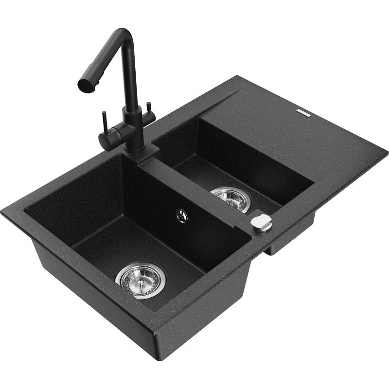 Mexen Gaspar fregadero de granito de 1,5 compartimentos con escurridor y grifo de cocina Duero, negro/plata - 6507-73-671600-70