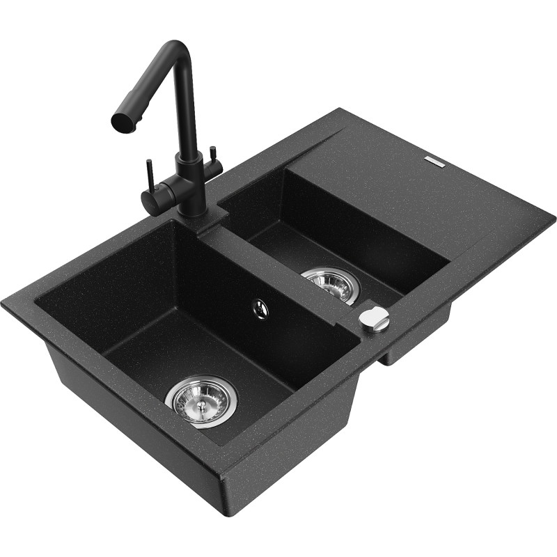 Mexen Gaspar fregadero de granito de 1,5 senos con escurridor y grifo de cocina Duero, negro/plata - 6507-73-671600-70