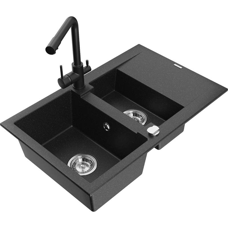 Mexen Gaspar Granitspüle 1,5-Becken mit Abtropffläche und Küchenarmatur Duero, schwarz/silber - 6507-73-671600-70