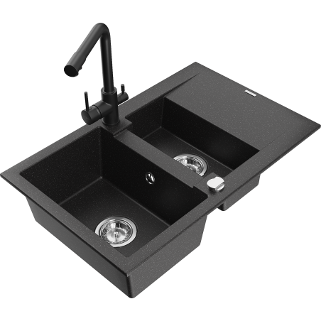 Mexen Gaspar Granitspüle 1,5-Becken mit Abtropffläche und Küchenarmatur Duero, schwarz/silber - 6507-73-671600-70