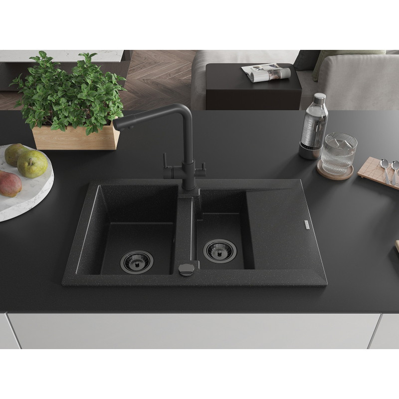Mexen Gaspar fregadero de granito de 1,5 senos con escurridor y grifo de cocina Duero, negro/plata - 6507-73-671600-70-B