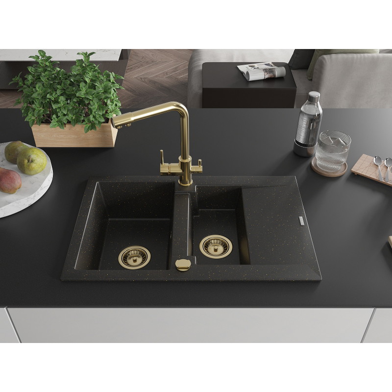 Mexen Gaspar Granitspüle 1,5-Becken mit Abtropffläche und Küchenarmatur Duero, schwarz/goldener Metallic - 6507-75-671600-50