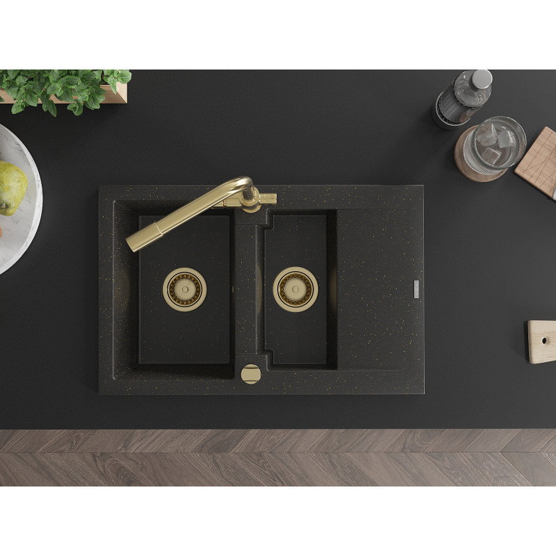 Mexen Gaspar granite sink 1.5-bowl with drainer and Duero kitchen tap, black/gold metallic - 6507-75-671600-50