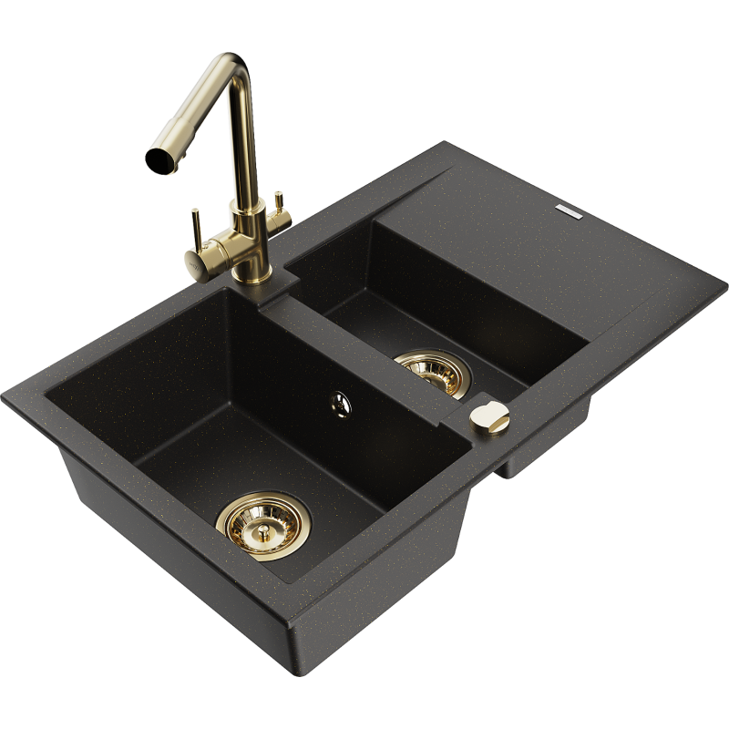 Mexen Gaspar fregadero de granito de 1,5 senos con escurridor y grifo de cocina Duero, negro/metalizado dorado