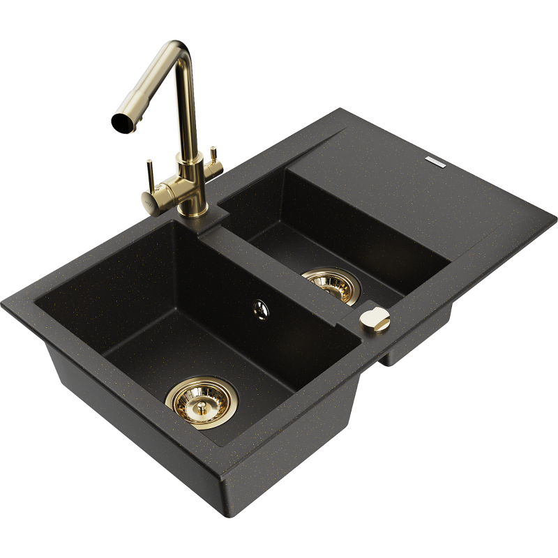 Mexen Gaspar granitdiskho med 1,5 kammare, avrinningsyta och köksblandare Duero, svart/guldmetallic - 6507-75-671600-50