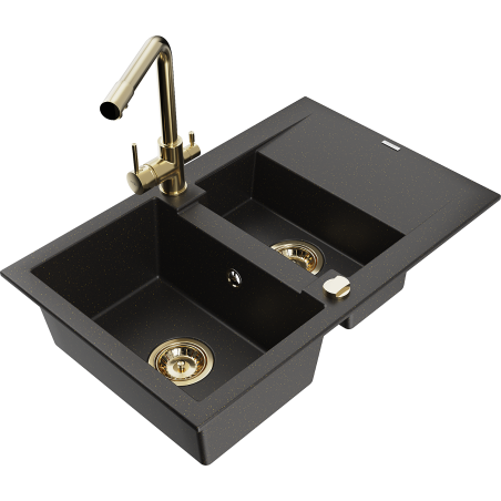 Mexen Gaspar fregadero de granito de 1,5 senos con escurridor y grifo de cocina Duero, negro/metalizado dorado