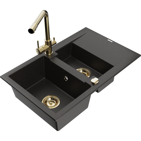 Mexen Gaspar granieten spoelbak 1,5-delig met afdruiprek en keukenmengkraan Duero, zwart/goud metallic - 6507-75-671600-50