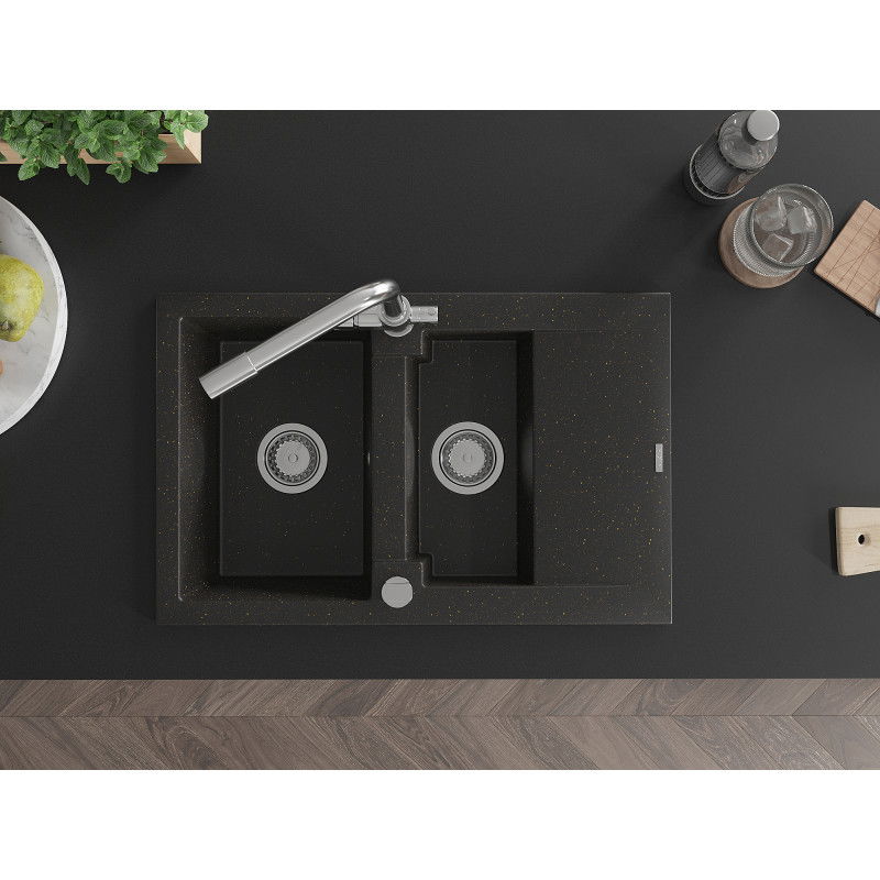 Mexen Gaspar fregadero de granito 1,5 senos con escurridor y grifo de cocina Duero, negro/oro metálico - 6507-75-671600-00