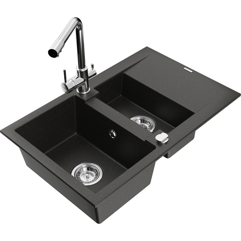 Mexen Gaspar 1,5-Schüssel Granitspüle mit Abtropffläche und Küchenarmatur Duero, schwarz/gold metallic - 6507-75-671600-00