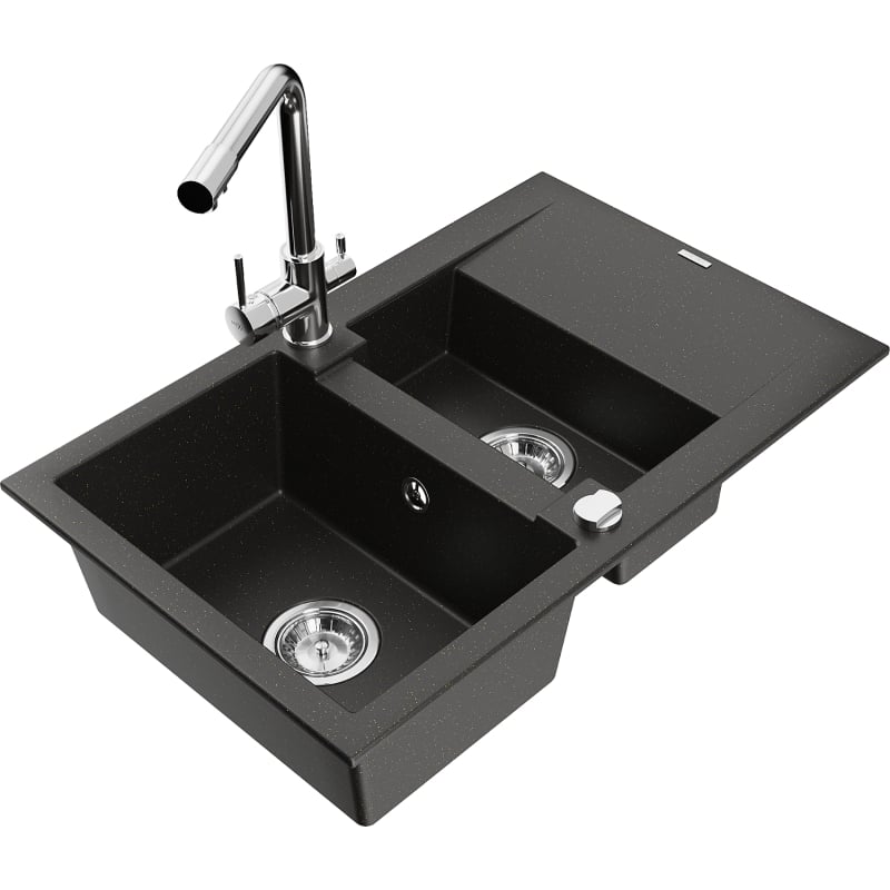 Mexen Gaspar évier en granit 1,5 bac avec égouttoir et robinet de cuisine Duero, noir/or métallique - 6507-75-671600-00