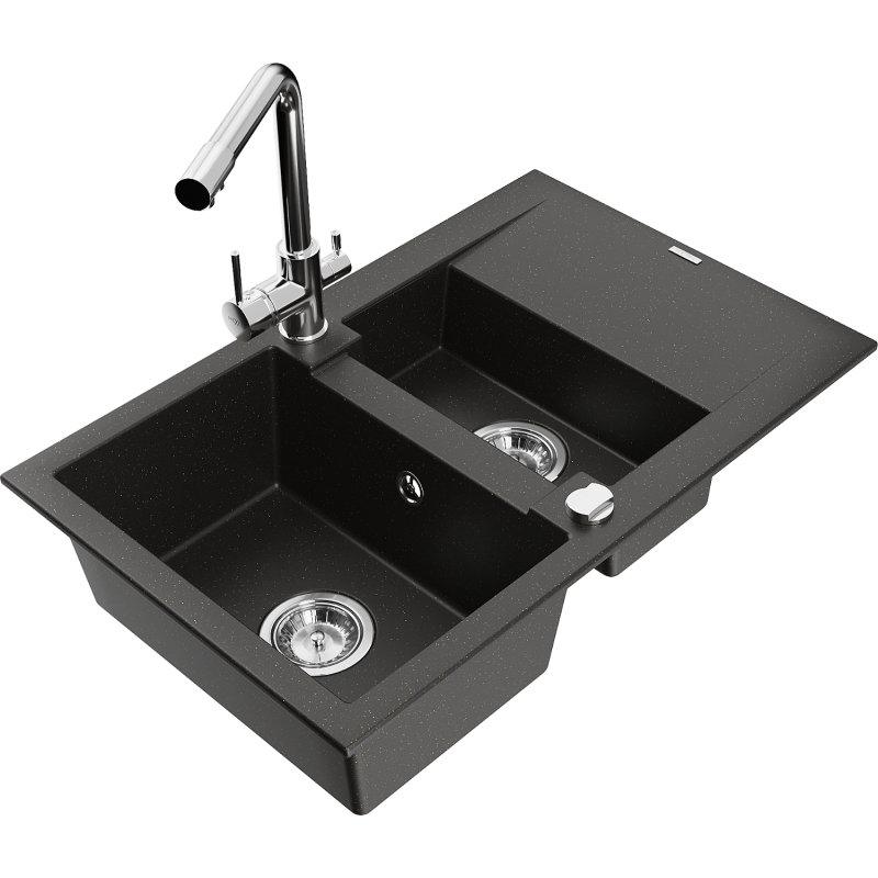 Mexen Gaspar granitdiskbänk med 1,5 kammare med avrinningsyta och köksblandare Duero, svart/guldmetallic - 6507-75-671600-00