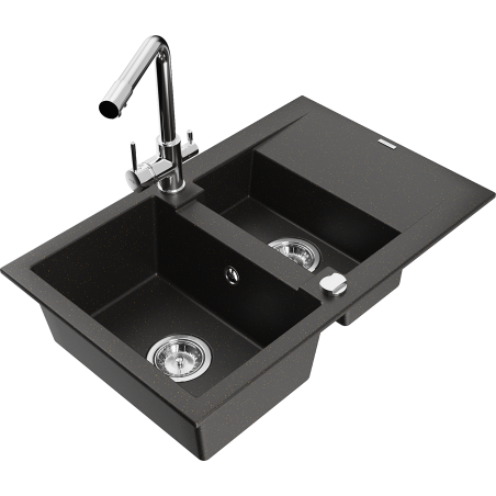 Mexen Gaspar granitische gootsteen 1,5-kamer met afdruiprek en keukenkraan Duero, zwart/gouden metallic - 6507-75-671600-00