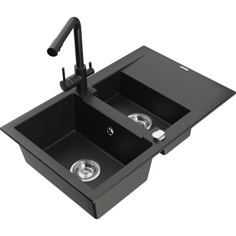 Mexen Gaspar 1,5 nodalījumu granīta izlietne ar noteci un virtuves jaucējkrānu Duero, melna/zelta - 6507-75-671600-70